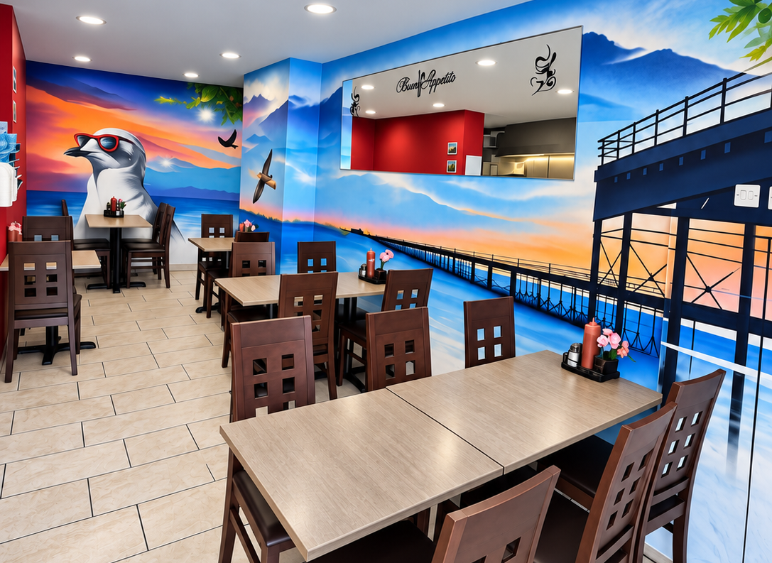 Vibrant Seaside Mural Café Interior
